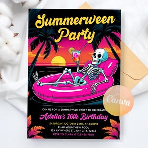 May include: A vibrant invitation for a Summerween Party. The design features a skeleton relaxing on a pink inflatable in a tropical setting, holding a cocktail. The text reads "Summerween Party" and includes party details for Adelia's 10th birthday.