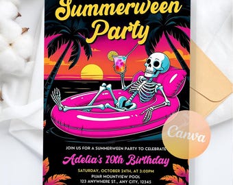 Invitación para fiesta de verano, fiesta de Halloween en la piscina y cumpleaños, fiesta de verano en la piscina, fiesta de Halloween en la piscina, plantilla editable de Canva