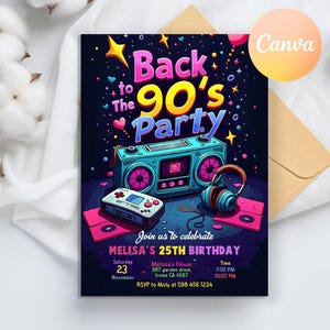 Bearbeitbare 90er Geburtstagsfeier-Einladung, Back to the 90s Geburtstagseinladung, Neon Party Glow Dance Disco 2000s Geburtstag, Textnachricht einladen