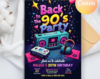 Editable 90s Birthday Party Invitation, Back to the 90s Birthday Invitation, Neon party glow dance disco 2000s birthday, Text Message Invite