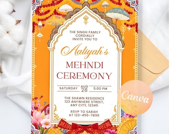 Mehndi Einladung, indische Hochzeit Haldi einladen mit Regenschirm Mehndi Dekor Henna, indische Hochzeit indische Einladung, bearbeitbare Canva Vorlage