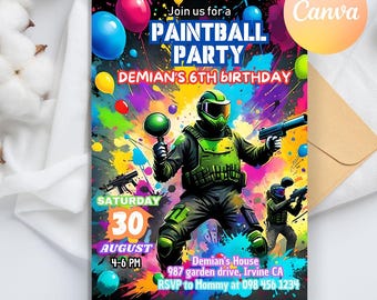 May include: A colorful paintball party invitation with the text "PAINTBALL PARTY" and "DEMIAN'S 6TH BIRTHDAY". The design features a paintball player, balloons, and paint splatters. The date is August 30th, 4-6 PM.