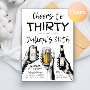 May include: A white invitation card with black text that reads "Cheers to Thirty" and "Julian's 30th". The invitation includes details for a party on August 12th at 7:00 PM at Julian's House. The card features a graphic of three hands holding a beer can, a beer mug, and a beer bottle.