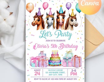 Horse Birthday Invitation, Saddle Up Cowgirl Invitation, Country Western Party, Pink Equestrian Birthday Invite, Editable Canva Template