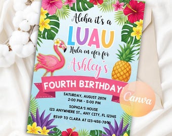 Aloha Luau Birthday Invitation, Luau Birthday Invitation, Luau Hawaiian Birthday Party, Aloha Luau Invite, Instant Download, Editable Canva