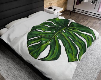 Tropical Monstera Leaf Velveteen Plush Blanket, Cozy Home Decor, Gift for Nature Lovers, Soft Throw for Relaxation, Perfect for Summer