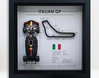 May include: Framed artwork featuring the Italian Grand Prix. The image includes a detailed top-down view of a Formula 1 car, the Monza race track layout, and race statistics. The text reads "ITALIAN GP" and "07 September 2025".