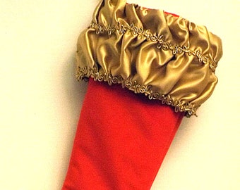 Large red velvet and gold satin Christmas stocking