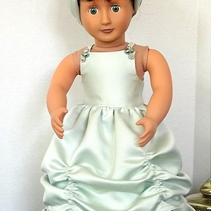 Elegant light green, tiered ballgown with matching headpiece for the American Girl or other 18-inch girl doll