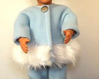 Fur-trimmed blue snowsuit, jacket, pants, hat and boots for the American Girl or other 18-inch girl doll