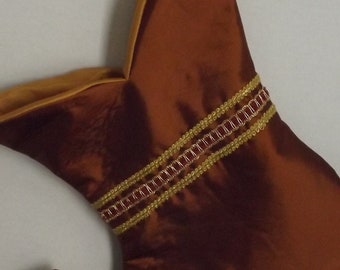 Fancy 16 inch elf-toed rust and gold satin Christmas Stocking