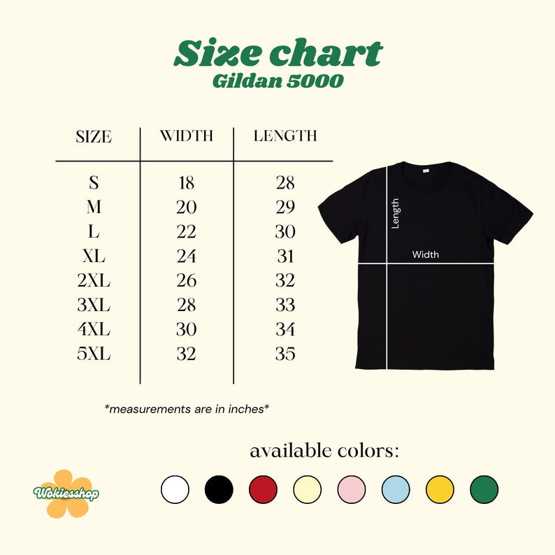 May include: A size chart for Gildan 5000 t-shirts, with measurements in inches. The chart includes sizes S to 5XL, with corresponding width and length dimensions. A black t-shirt is shown with width and length indicators. Available colors are displayed.