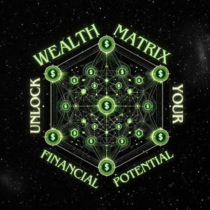 Könnte beinhalten: Eine leuchtend grüne geometrische Grafik auf schwarzem Hintergrund mit einem komplexen Netzwerk aus miteinander verbundenen Linien und Kreisen. Jeder Kreis enthält ein Dollarzeichen. Der Text UNLOCK YOUR WEALTH MATRIX FINANCIAL POTENTIAL umgibt das Design.