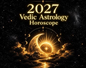 May include: A digital graphic featuring the text 2027 Vedic Astrology Horoscope in gold lettering against a dark starry sky. A glowing crescent moon and sun are positioned above a golden path winding through clouds and celestial spheres.