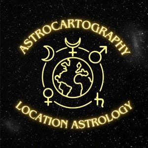 May include: Astrocartography and Location Astrology logo on a black background with a starry night effect. The logo is a gold outline of the Earth surrounded by astrological symbols and text.
