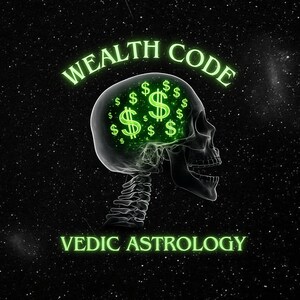 May include: Digital art featuring a skull with a glowing brain filled with dollar signs. The words "WEALTH CODE" arc above the skull, and "VEDIC ASTROLOGY" is written below, all in a neon green font against a starry background.