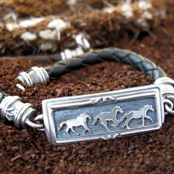 Sterling Silver Running Horses Kangaroo Leather Braided Bracelet