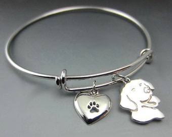 Engravable Two Charm Expandable Bangle Bracelet With Retriever and Heart Charms