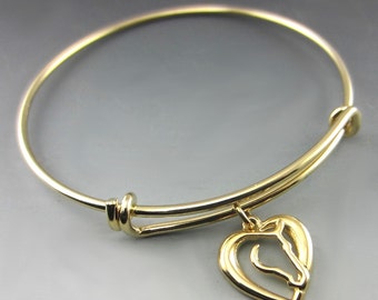 Gold One Charm Expandable Bracelet With Heart & Horse Charm