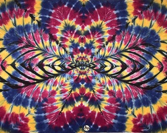 Hand-Dyed Tapestry "Feathery Fractal in Burgundy Navy Golden" 5'6" W x 3'8" H Rayon, Original Tie-Dye