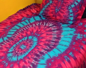 Tie-Dyed Twin Comforter Cover Set, "Fratcal in Pinks Purples" 300 Thread Count Sateen Cotton, Hand-Dyed, Ready to ship