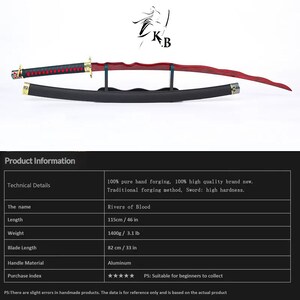 May include: A red and black katana sword with a black scabbard. The blade is red, and the handle is black with red accents. The sword is displayed on a black stand. The total length is 46 inches.
