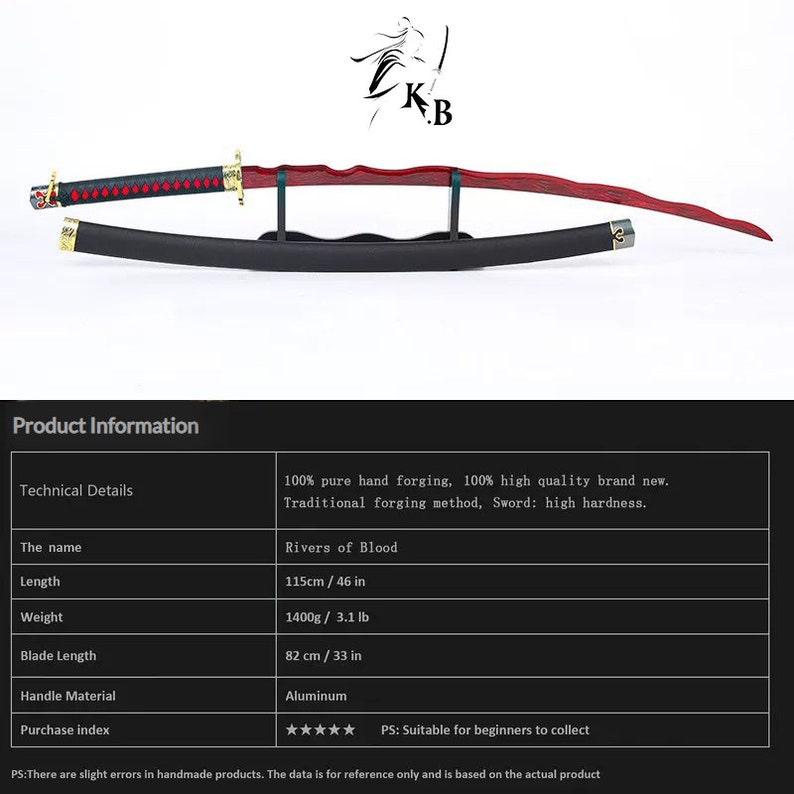 May include: A red and black katana sword with a black scabbard. The blade is red, and the handle is black with red accents. The sword is displayed on a black stand. The total length is 46 inches.