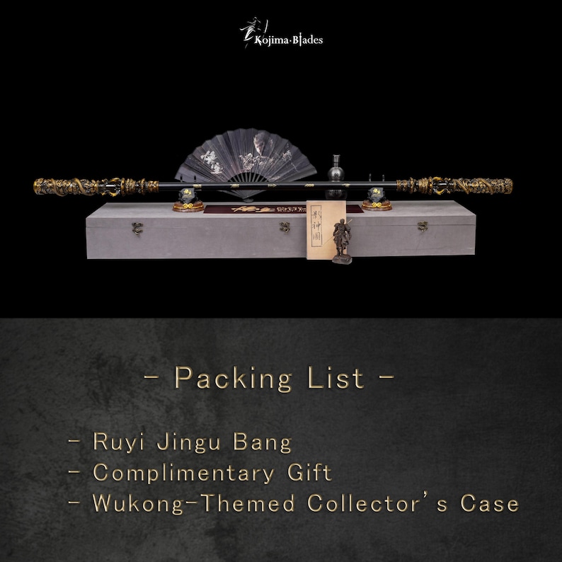 May include: A display of a Ruyi Jingu Bang, a complimentary gift, and a Wukong-themed collector's case. The Ruyi Jingu Bang is a long staff with ornate gold-colored detailing. A fan and small figurine are also displayed.