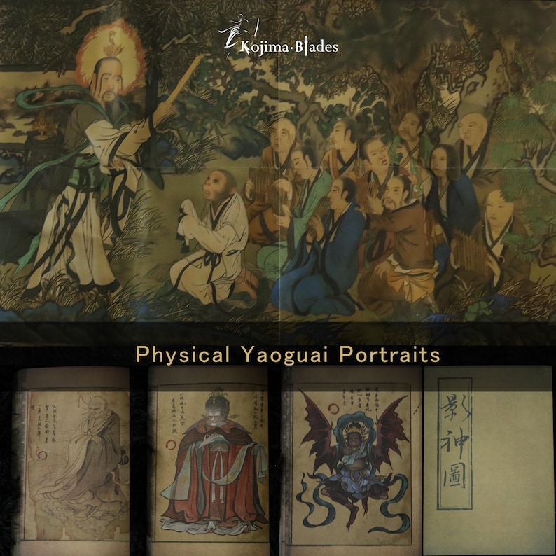 May include: An artistic depiction of a traditional Asian painting featuring figures in robes and a detailed landscape. The image includes the text "Physical Yaoguai Portraits" and the brand name "Kojima Blades". The bottom portion shows four portrait illustrations.