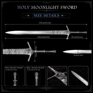 May include: A silver-toned Holy Moonlight Sword with a wrapped hilt and crossguard. Dimensions include a 132-inch total length, 102-inch blade, 27-inch handle, 23-inch crossguard width, 6-inch blade width, and handle widths of 1.6 and 1.0 inches.