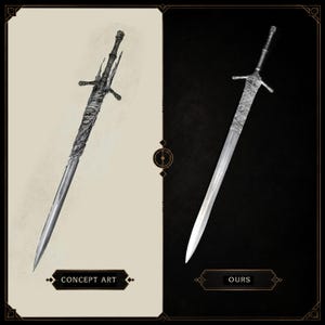 May include: A side-by-side comparison of two swords. The left side shows a detailed sketch labeled CONCEPT ART, while the right side displays a finished metal sword with a wrapped handle and crossguard labeled OURS on a black background.
