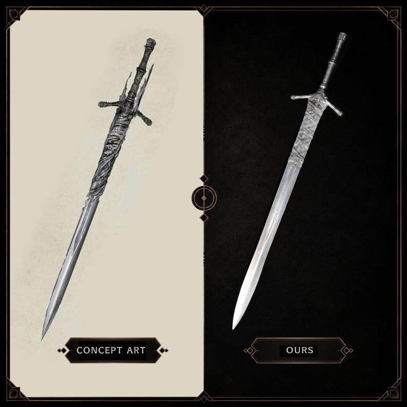 May include: A side-by-side comparison of two swords. The left side shows a detailed sketch labeled CONCEPT ART, while the right side displays a finished metal sword with a wrapped handle and crossguard labeled OURS on a black background.
