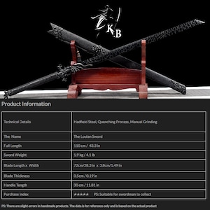 May include: A black Loulan sword with a detailed handle and a black scabbard. The sword is 110 cm long and weighs 1.9 kg. The sword is made of Hadfield steel and has a manual grinding process.