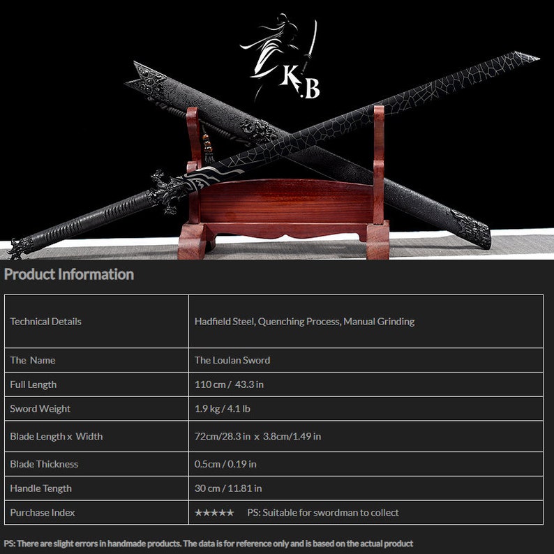 May include: A black Loulan sword with a detailed handle and a black scabbard. The sword is 110 cm long and weighs 1.9 kg. The sword is made of Hadfield steel and has a manual grinding process.
