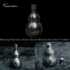 May include: A stainless steel gourd-shaped insulated tumbler with a matte finish. The tumbler has a unique shape and features etched designs. The text "Wukong Stainless Steel Gourd-Shaped Insulated Tumbler" is visible.