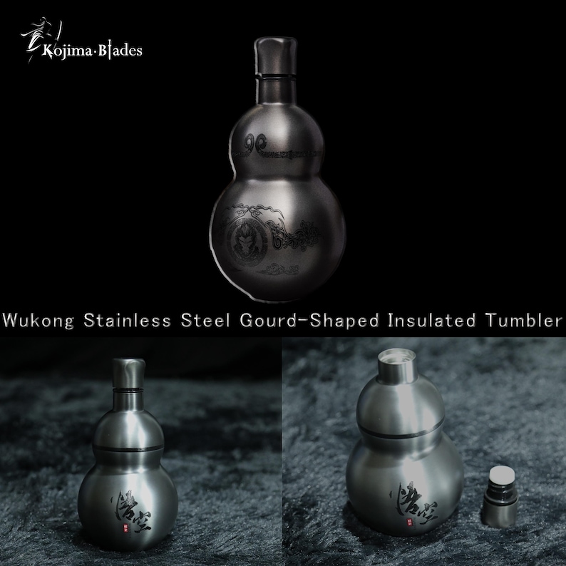 May include: A stainless steel gourd-shaped insulated tumbler with a matte finish. The tumbler has a unique shape and features etched designs. The text "Wukong Stainless Steel Gourd-Shaped Insulated Tumbler" is visible.