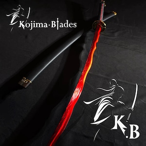May include: A red katana sword with a black scabbard. The sword has a gold-colored hilt and a red blade with a wavy pattern. The scabbard has a gold-colored accent. The sword is on a black background with the text "Kojima Blades" in white.