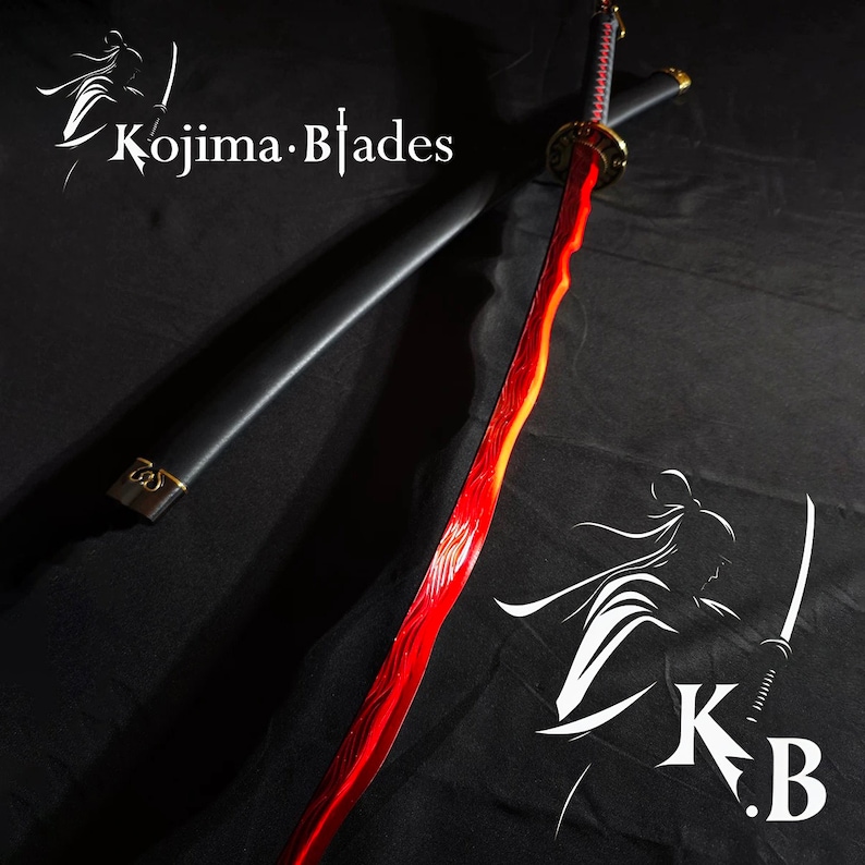 May include: A red katana sword with a black scabbard. The sword has a gold-colored hilt and a red blade with a wavy pattern. The scabbard has a gold-colored accent. The sword is on a black background with the text "Kojima Blades" in white.