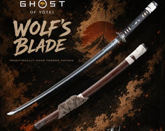 May include: A katana sword with a black handle and silver blade, accompanied by a brown scabbard featuring a textured fur wrap. The image displays the text GHOST OF YŌTEI, WOLF'S BLADE, TRADITIONALLY HAND FORGED KATANA, and Kojima Blades.