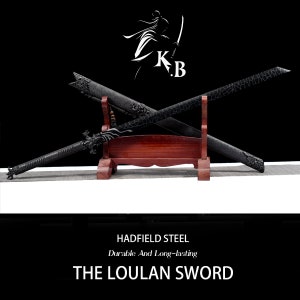 May include: Two black swords with intricate designs on the handles are displayed on a wooden stand. The swords are crossed and the stand is on a black background. The text "HADFIELD STEEL Durable And Long-lasting THE LOULAN SWORD" is displayed below the swords.