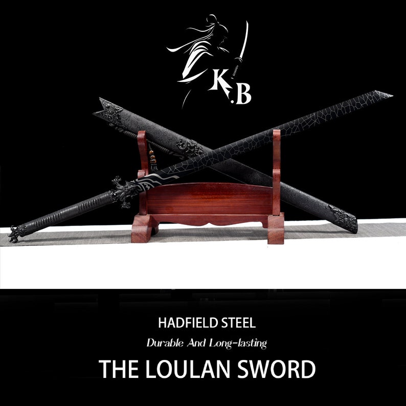May include: Two black swords with intricate designs on the handles are displayed on a wooden stand. The swords are crossed and the stand is on a black background. The text "HADFIELD STEEL Durable And Long-lasting THE LOULAN SWORD" is displayed below the swords.