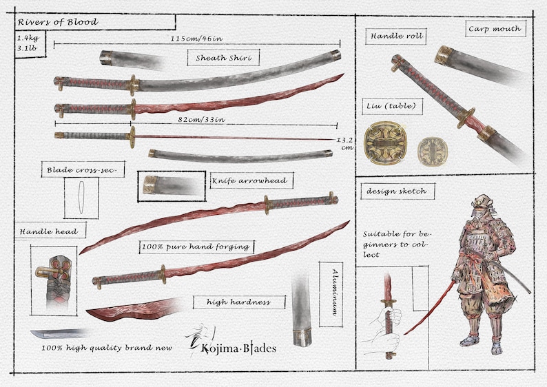 May include: A detailed illustration of a Japanese sword, known as a katana, with various parts labeled. The sword is 46 inches long and weighs 3.1 pounds. The illustration includes a design sketch of a samurai wearing traditional armor, holding the katana. The text "Rivers of Blood" and "Kojima-Blades" are also included.