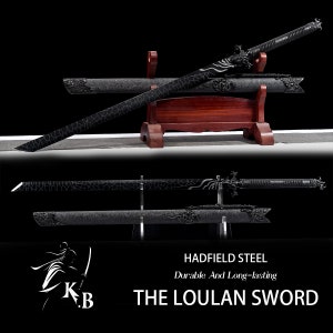 May include: A black Loulan sword with a dragon design on the handle and a black scabbard. The sword is made of Hadfield steel and is displayed on a wooden stand. The text "Hadfield Steel Durable And Long-lasting The Loulan Sword" is displayed below the sword.
