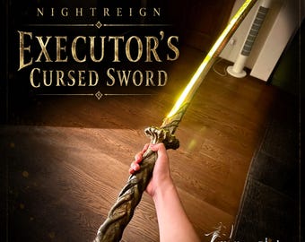 May include: A sword with a glowing yellow blade and a textured, weathered bronze-colored handle. The text NIGHTREIGN EXECUTOR'S CURSED SWORD is displayed in the upper left, and the text Kojima Blades is in the lower right corner of the image.