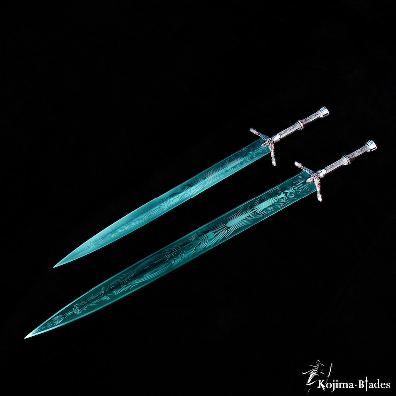 May include: Two swords with blue, translucent blades and silver handles. The blades have intricate designs etched into them.
