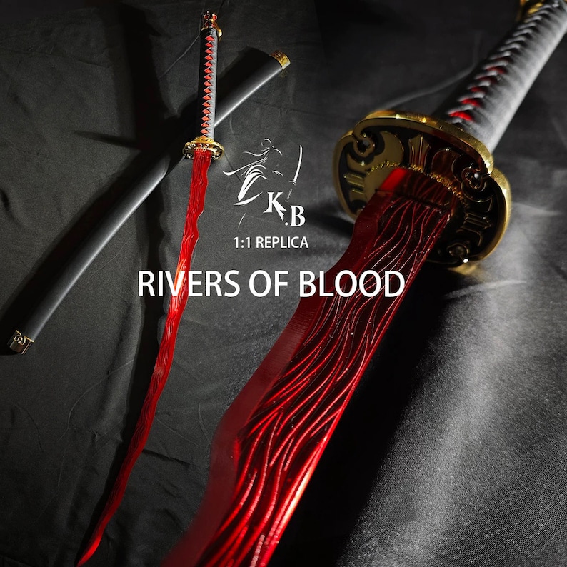 May include: A red katana sword with a black scabbard. The blade has a wavy pattern and the handle is wrapped in black leather with gold accents. The sword is labeled "Rivers of Blood" and "K.B. 1:1 Replica".