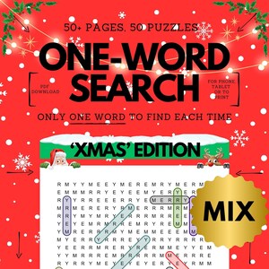 Może przedstawiać: Czerwono-biała książka z krzyżówkami o tematyce świątecznej z tytułem 'One-Word Search 'Xmas' Edition'. Na okładce widnieje Święty Mikołaj zaglądający zza górnej części książki oraz renifer zaglądający zza dolnej części książki. Książka jest przeznaczona do użytku na telefonie, tablecie lub do wydruku.