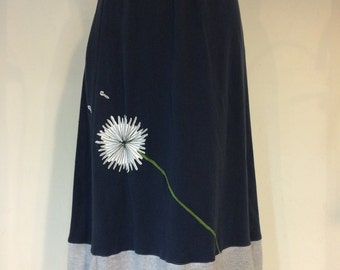 T-Skirt (Long) | upcycled, recycled, appliqué navy blue t-shirt skirt with blowing dandelion