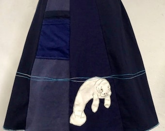 T-Skirt | upcycled, recycled, appliqué navy t-shirt skirt with manatee + pocket