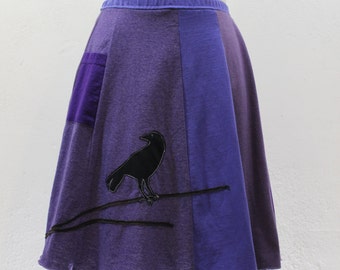 T-Skirt | upcycled, recycled purple t-shirt skirt with crow/blackbird/raven appliqué + pocket